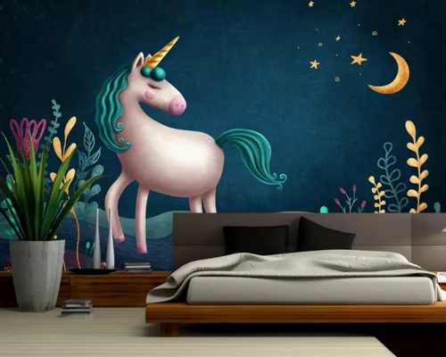 3D Wallpaper Blue Unicorn for Nursery